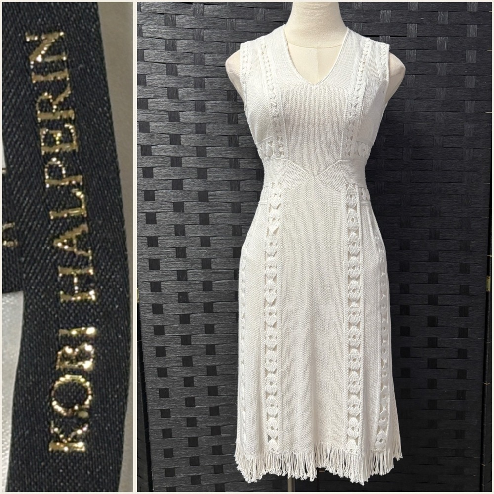 Kobi‎ Halperin White Knit Sleeveless Fringe Midi Dress 0 Boho